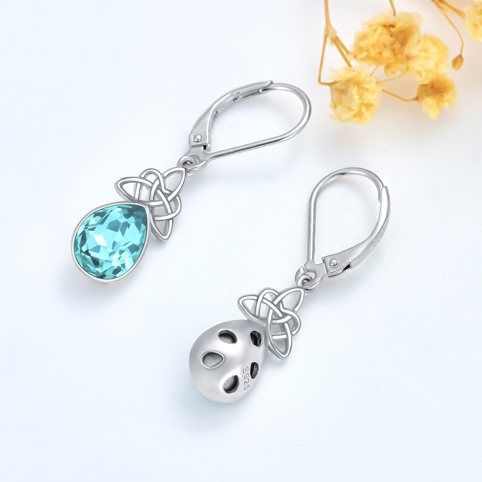 Women's 925 Sterling Silver Celtic Knot Aquamarine Drop Earrings, March Birthstone